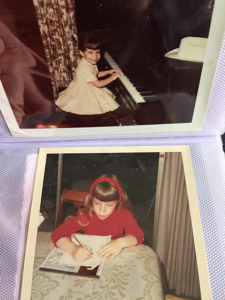 Dana age 5 on piano and age 7 writing a letter to big bro in Vietnam.